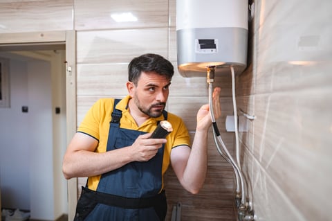 Plumber using flashlight is inspecting a water heater in a bathroom